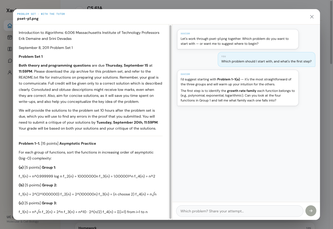 Two-pane document tutor: a problem set on the left, the Socratic tutor on the right pointing to a specific problem and asking a question instead of giving the answer
