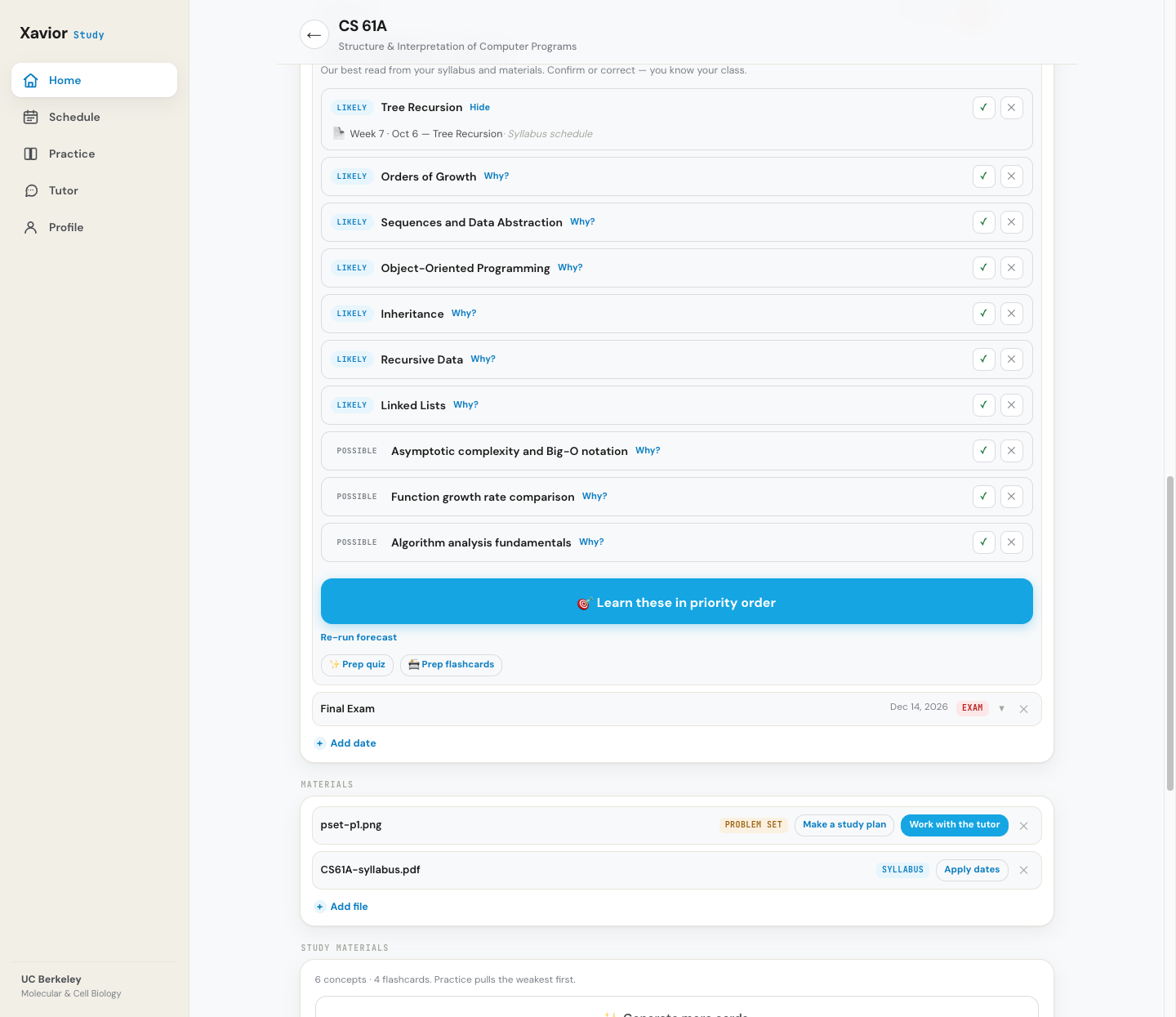 Exam forecast for Midterm 2: a ranked list of topics, each marked Likely or Possible, with its evidence such as 'Week 7 · Oct 6 — Tree Recursion · Syllabus schedule', and a button to learn them in priority order